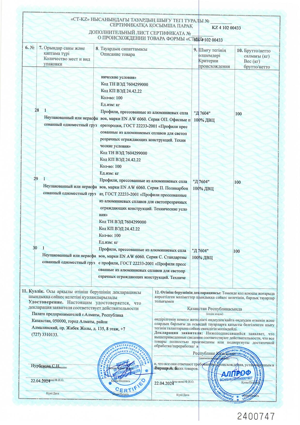 Certificate of origin KZ 2024